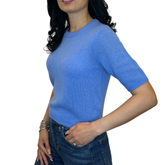 Cornflower Blue Short-Sleeve Knit Top – Silk & Cashmere Blend